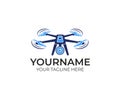 Drone and lens logo template. Quadcopter and photo camera with shutter vector design