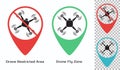 Drone location pointer icons set for fly zone and restricted area map markers. Red and green gps pin navigation symbols Royalty Free Stock Photo