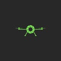 Drone logo flat style green flying copter with abstract lens photo camera emblem mockup. Helicopter delivery concept, simple