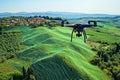 Drone mapping agricultural land, creating a digital terrain model with contour lines, promoting precision farming and sustainable