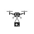 Drone medical help black glyph icon. Quadcopter carrying first aid. Aircraft device concept. Sign for web page, mobile app, banner