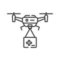 Drone medical help black line icon. Quadcopter carrying first aid. Aircraft device concept. Sign for web page, mobile app, banner