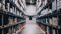 A drone navigating through a narrow aisle constructed with tall shelves surrounded by boxes and pallets showcasing
