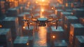 Drone navigating through optimized route planning in a bustling urban environment at sunset Royalty Free Stock Photo