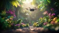 Drone navigating through vibrant jungle path with lush greenery and colorful flowers