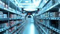 Drone navigating warehouse aisles for efficient inventory management. AI and automation