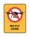 Drone No Fly Zone sign. Yellow prohibition sign with quadcopter isolated vector icon