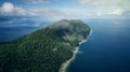 Drone, ocean or island and forest or trees for summer adventure, travel location or holiday destination. Aerial view Royalty Free Stock Photo