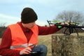 Drone operator is testing new equipment. Royalty Free Stock Photo