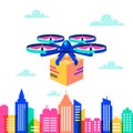 Drone over city landscape. Remote air drone with parcel over Silhouettes of buildings with neon glow and vivid colors