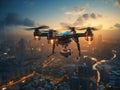 Drone Over Dystopian Cityscape at Sunset