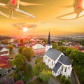 Drone over gothic church. Royalty Free Stock Photo