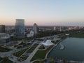 Drone over harbor with cityscape at seaside in Wisconsin at sunset Royalty Free Stock Photo