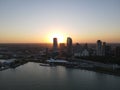 Drone over harbor with cityscape at seaside in Wisconsin at sunset Royalty Free Stock Photo