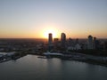 Drone over harbor with cityscape at seaside in Wisconsin at sunset Royalty Free Stock Photo