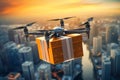 Drone with package flying over modern big city