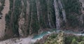 Drone pan over the Mirador de Janovas gorge and the River Ara in the Spanish Pyrenees