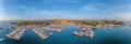 Drone panorama over the harbor of Croatian coastal town Vrsar in Istria during sunset Royalty Free Stock Photo