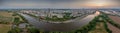 Drone panorama over Main river and Offenbach with Frankfurt skyline