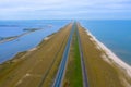 Drone panorama photography of an artificial island called Houtribdijk in Lake Markermeer in the provinz Flevoland. The highway dy