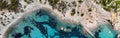Drone panoramic image moored yachts on bright blue bay Cala Blanca Andratx