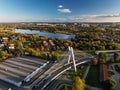 Drone panoramic sunset photo of city architecture and modern bridge in Krakow, Poland Royalty Free Stock Photo