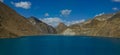 DRONE: Panoramic view of a large deep blue lake by the Manak Dam in Tibet.