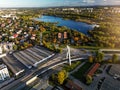 Drone perspective view of modern steel suspension bridge, buildings in Krakow, Poland Royalty Free Stock Photo