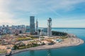 Drone photo of Batumi, Georgian resort at Black Sea, aerial panoramic view of downtown with ferris wheel and modern