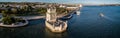 Drone photo - The famous Belem Tower of Lisbon Portugal at sunset. Royalty Free Stock Photo