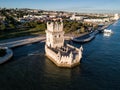 Drone photo - The famous Belem Tower of Lisbon Portugal at sunset. Royalty Free Stock Photo