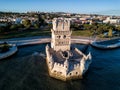 Drone photo - The famous Belem Tower of Lisbon Portugal at sunset. Royalty Free Stock Photo