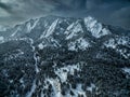 Aerial drone photo - Beautiful snow covered Flatirons mountains in Winter. Boulder, Colorado Royalty Free Stock Photo