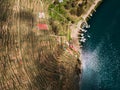 Aerial photo of boats at lake Titicaca Royalty Free Stock Photo