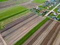 Drone photo of a plowed fields. Aerial view of a farmer\'s field. A top view of an agricultural field Royalty Free Stock Photo