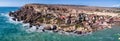 Drone photo of Popeye Village and the rugged coast of Malta. Royalty Free Stock Photo