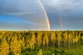 Drone photo, rainbow over summer pine tree forest, very clear skies and clean rainbow colors. Scandinavian nature are illuminated Royalty Free Stock Photo