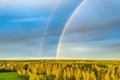 Drone photo, rainbow over summer pine tree forest, very clear skies and clean rainbow colors. Scandinavian nature are illuminated Royalty Free Stock Photo