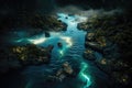 Drone Photo Of A River With Water That Glows In A Mesmerizing Bioluminescent Display. Generative AI