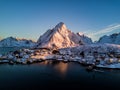 Drone photo - Sunrise over the mountains of the Lofoten Islands. Reine, Norway Royalty Free Stock Photo