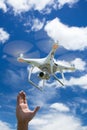 The drone and photographer man hands The drone with the professional camera takes pictures Royalty Free Stock Photo