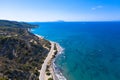Drone photography. Asphalt road along the coast of the Greek island of Rhodes