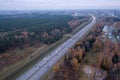 Drone photography of high intensity road traffic in a city during morning autumn morning rush hour