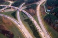 Drone photography of high intensity road traffic in a city during morning autumn morning rush hour