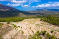 Drone photography, hilly landscape with fir trees and mountain range. Attavyros Mountain, Rhodes island.