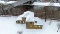 Drone photography of old abandoned wooden house in a city during winter Royalty Free Stock Photo