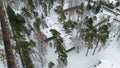 Drone photography of old abandoned wooden house in a forest during winter Royalty Free Stock Photo