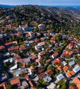 Drone photography showcasing the charming architecture and peaceful atmosphere of a Pedoulas village. Nicosia District, Cyprus