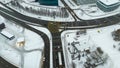 Drone photography of top down view multiple lane roads interchanging during winter day Royalty Free Stock Photo