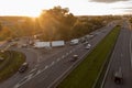 Drone photography of traffic jam on a high intensity road in a city during autumn rush hour